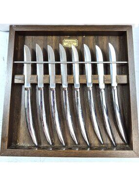 Vintage Saladmaster Cutlery Set Of 8 Stainless Steel Steak Knives Wooden Tray